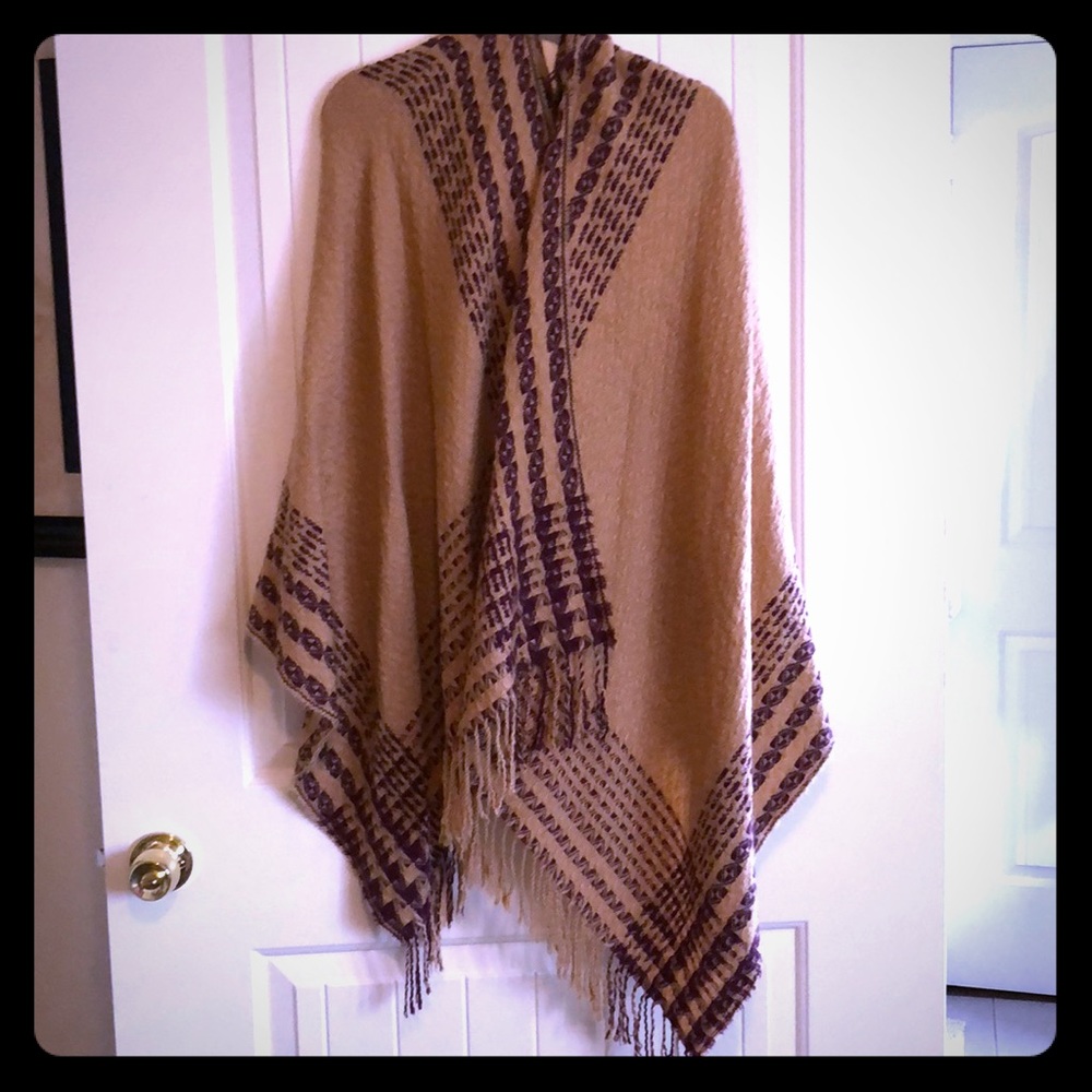 Woven Burgundy & Tan Poncho / Wrap with Hood